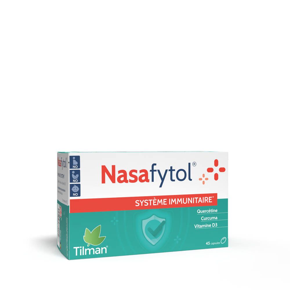 Boîte blanche Nasafytol, bande rouge, accents verts. Contient 45 capsules. Ingrédients : Quercétine, Curcuma, Vitamine D3.