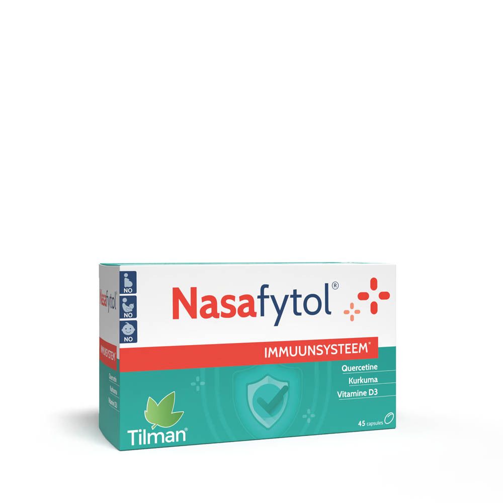 Witte doos Nasafytol, groene tekst en groene capsules. Bevat 45 capsules. Ingrediënten: Quercetine, Kurkuma, Vitamine D3.