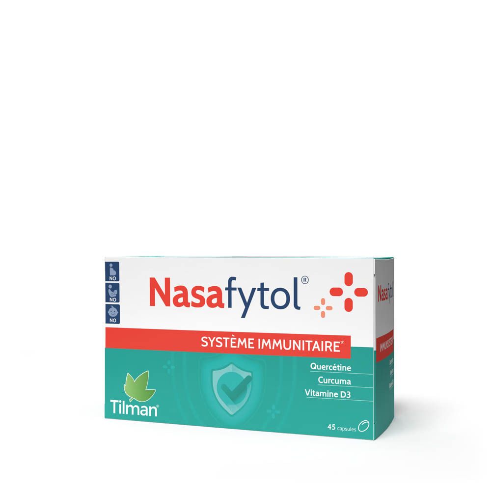 Boîte blanche Nasafytol, bande rouge, accents verts. Contient 45 capsules. Ingrédients : Quercétine, Curcuma, Vitamine D3.