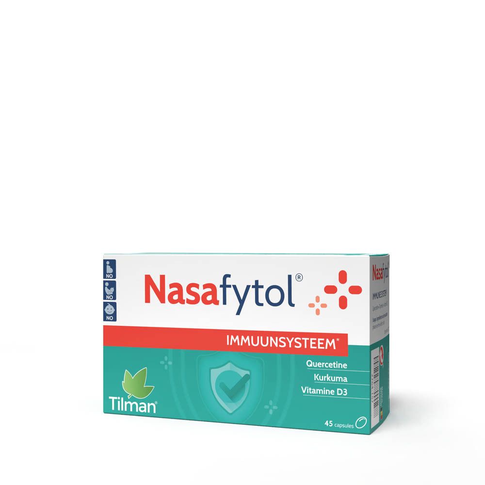 Witte doos Nasafytol, rode band, groene accenten. Bevat 45 capsules. Ingrediënten: Quercetine, Kurkuma, Vitamine D3.