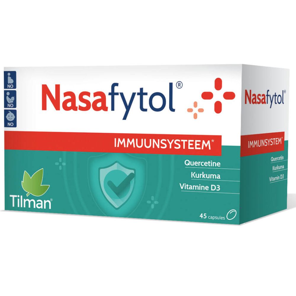 Boîte blanche Nasafytol, bande rouge, accents verts. Contient 45 capsules. Ingrédients : Quercétine, Curcuma, Vitamine D3.