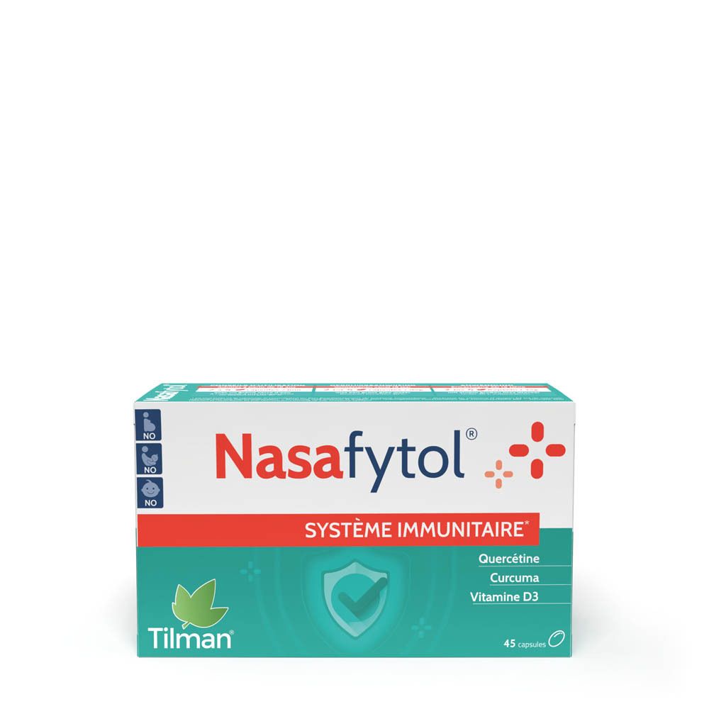 Boîte blanche Nasafytol, texte vert et capsules vertes. Contient 45 capsules. Ingrédients : Quercétine, Curcuma, Vitamine D3.