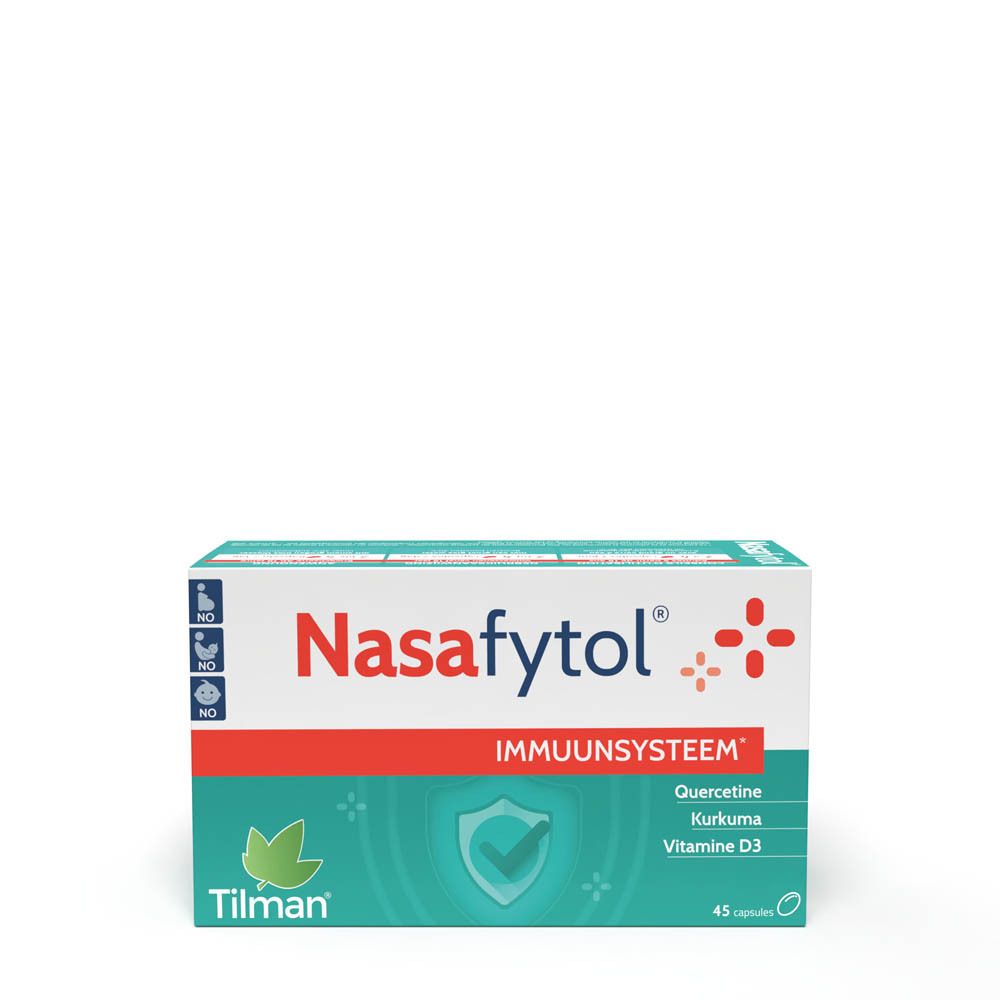 Witte doos Nasafytol, rode band, groene accenten. Bevat 45 capsules. Ingrediënten: Quercetine, Kurkuma, Vitamine D3.