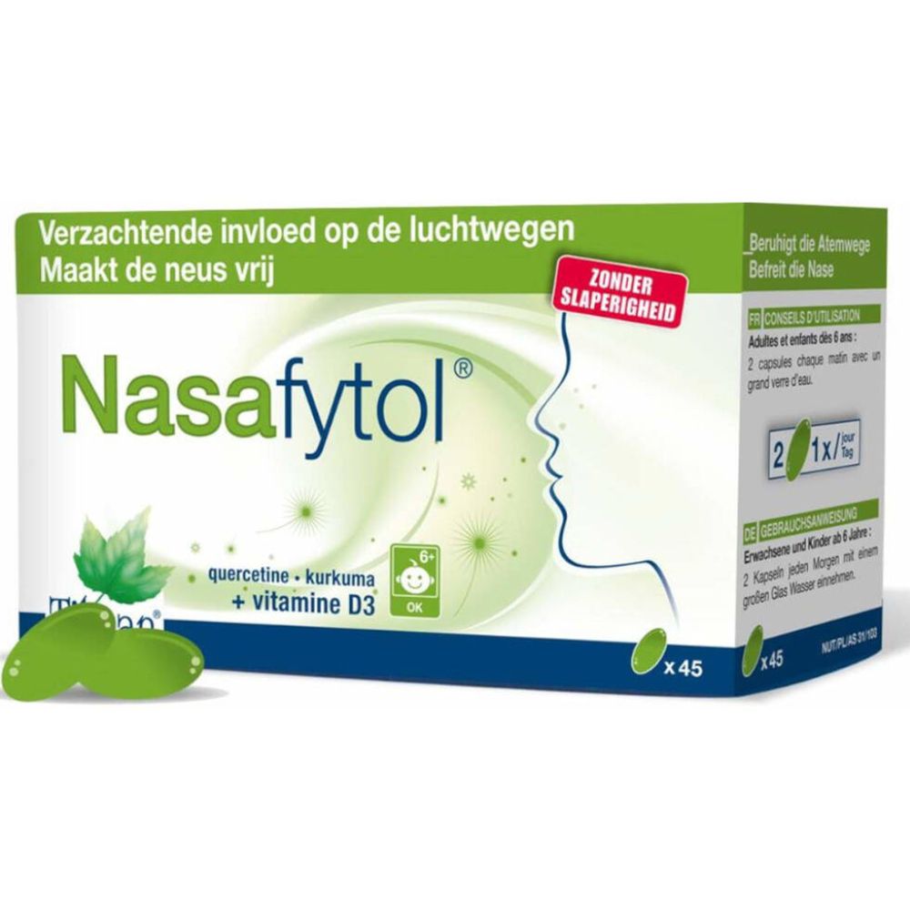 Boîte blanche Nasafytol, texte vert et capsules vertes. Contient 45 capsules. Ingrédients : Quercétine, Curcuma, Vitamine D3.