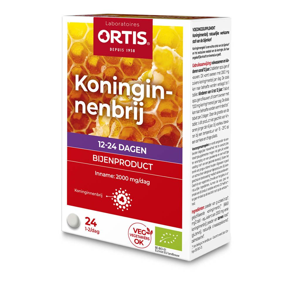 Verpakking Koninginnenbrij. Rode en witte doos met productinfo en logo. 24 tabletten, 12-24 dagen. Vegetarisch keurmerk.