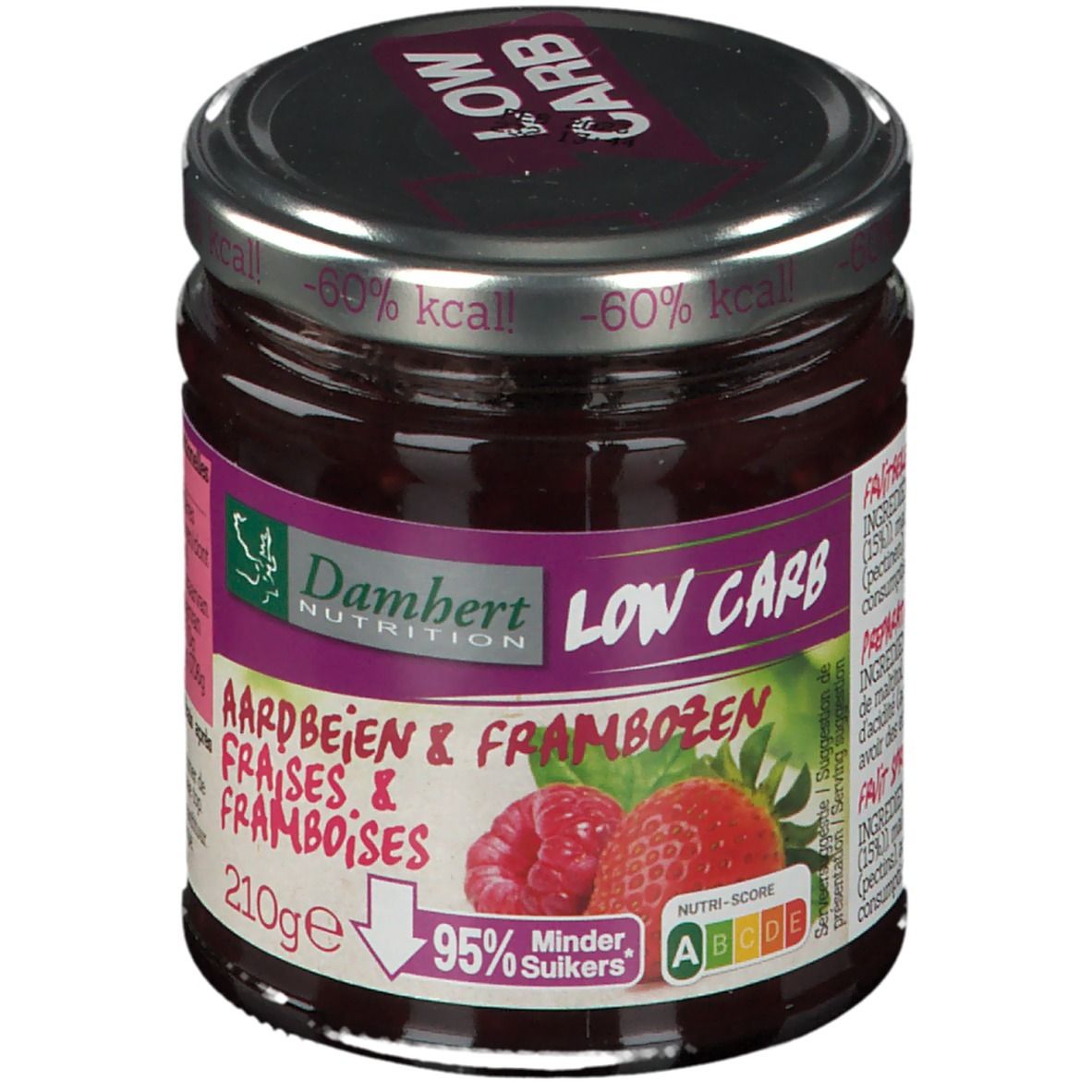 Glas mit Damhert LOW CARB Erdbeer Konfitüre. Aufschrift: Aardbeien & Frambozen, -60% kcal, 95% Minder Suikers.