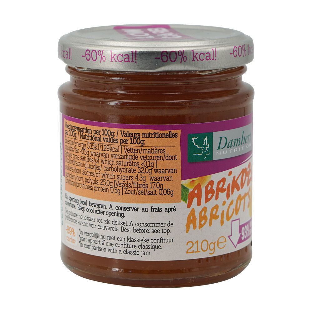 Pot de confiture Damhert Tagatesse® Slim Aprikose. Dos avec informations nutritionnelles et texte. Couvercle avec texte.