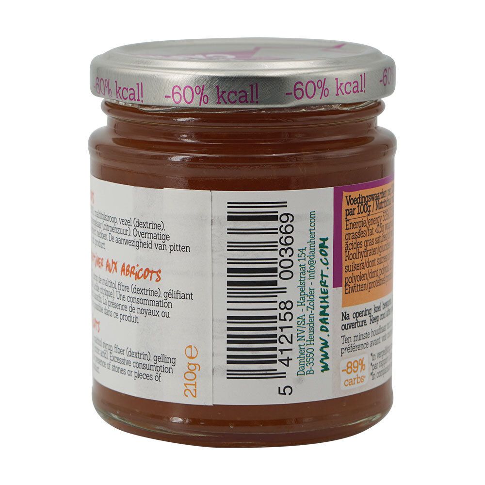 Pot de confiture Damhert Tagatesse® Slim Aprikose. Dos avec code-barres et texte. Couvercle avec texte.