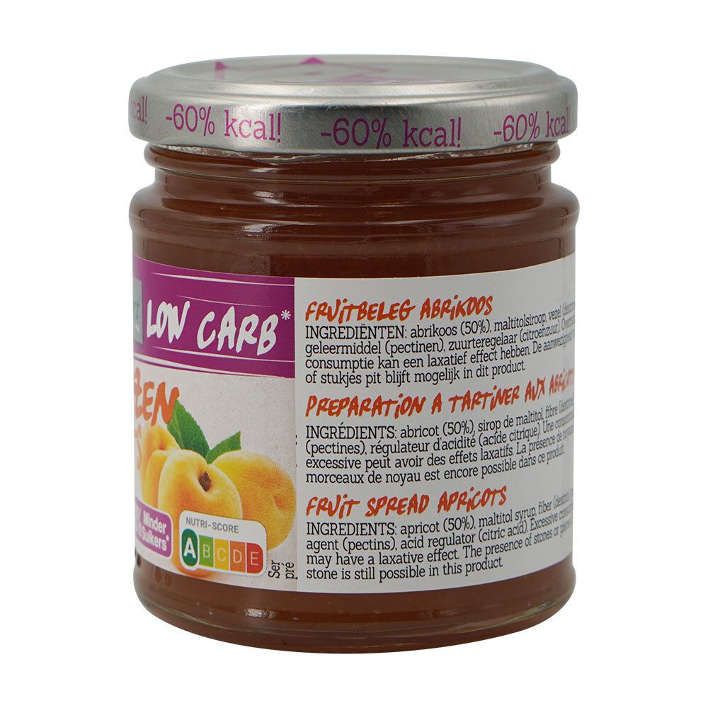 Pot de confiture Damhert Tagatesse® Slim Aprikose. Étiquette avec ingrédients et texte. Couvercle avec texte.