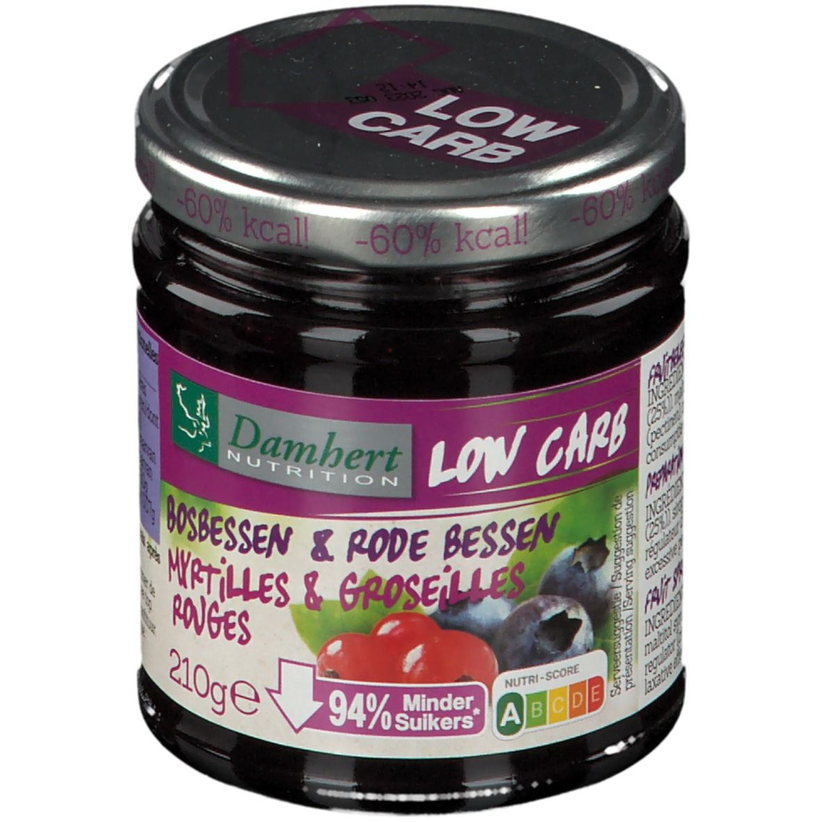 Pot de confiture Damhert LOW CARB. Inscription: Myrtilles et groseilles rouges. Couvercle LOW CARB. 210g. 94% moins de sucre.
