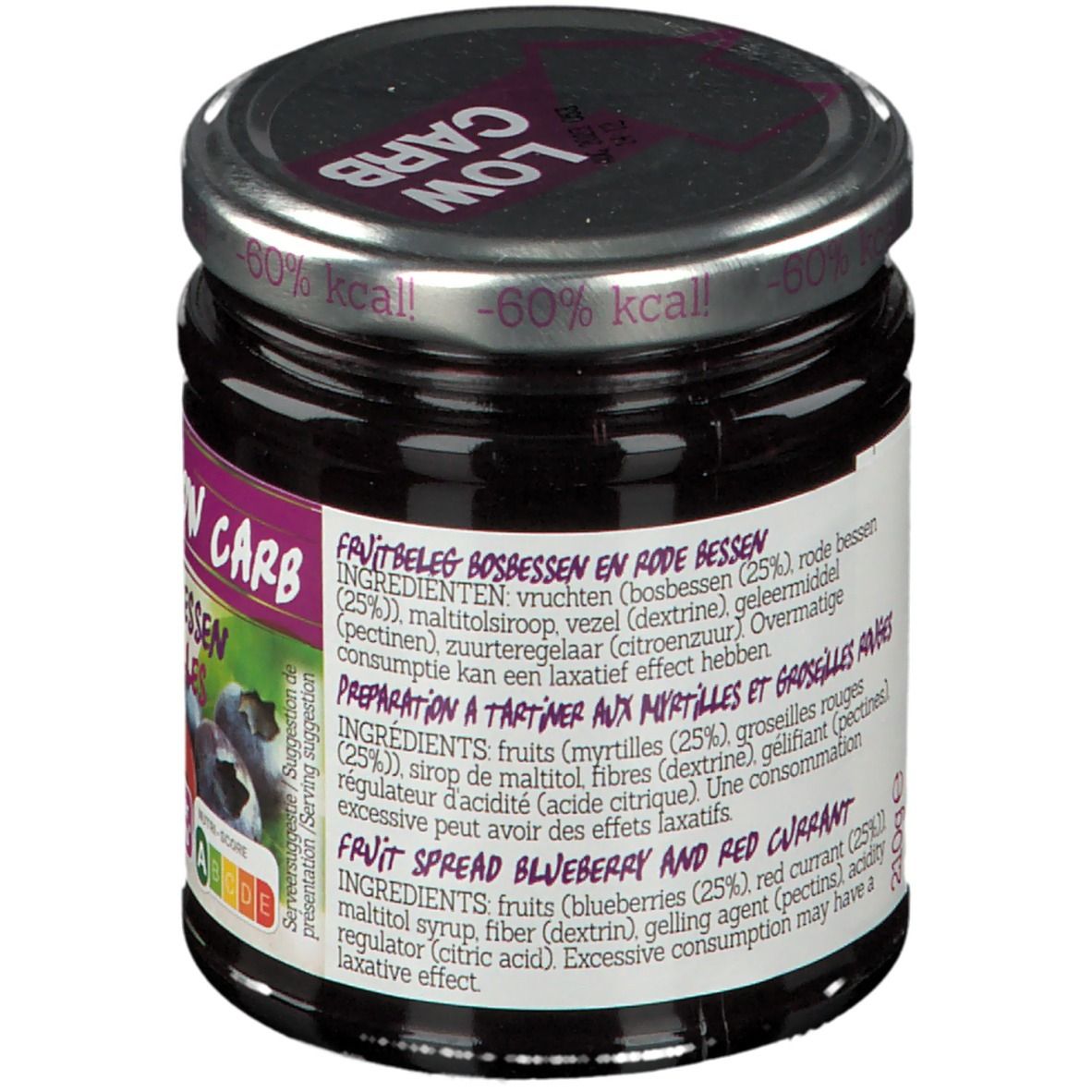 Dos du pot de confiture Damhert LOW CARB. Liste des ingrédients en néerlandais, français et anglais. Code-barres et 210g.