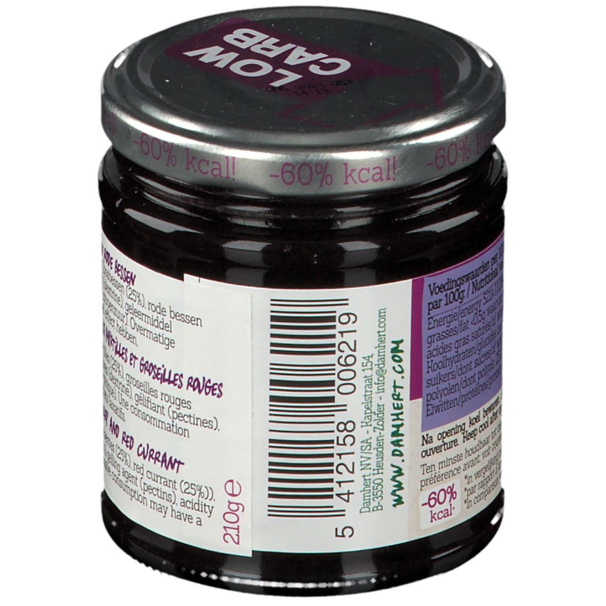 Dos du pot de confiture Damhert LOW CARB. Code-barres, adresse et informations nutritionnelles pour 100g. Couvercle LOW CARB.