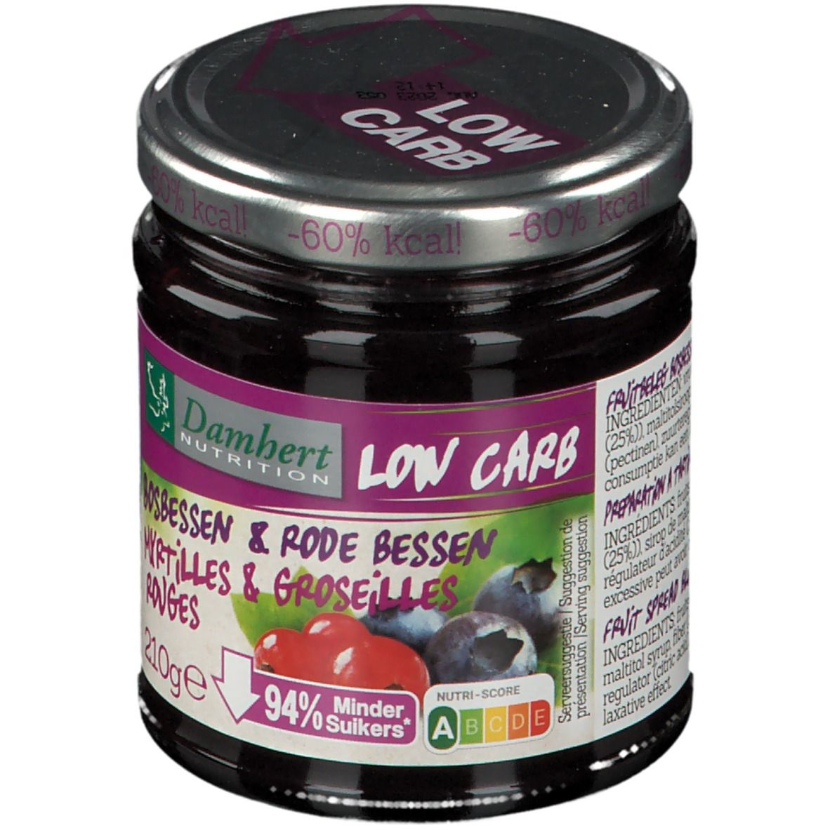 Pot de confiture Damhert LOW CARB. Inscription: Myrtilles et groseilles rouges. Couvercle LOW CARB. 210g. 94% moins de sucre.