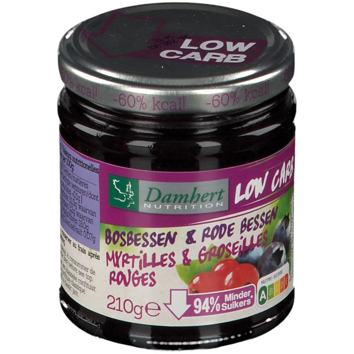 Pot de confiture Damhert LOW CARB. Inscription: Myrtilles et groseilles rouges. Couvercle LOW CARB. 210g. 94% moins de sucre.
