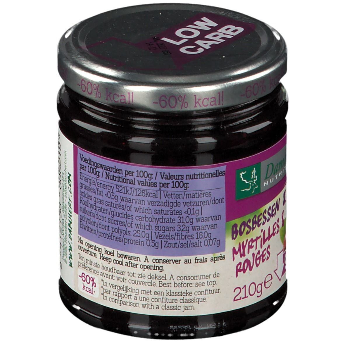 Pot de confiture Damhert LOW CARB. Inscription: Myrtilles et groseilles rouges. Couvercle LOW CARB. 210g. Informations nutritionnelles.