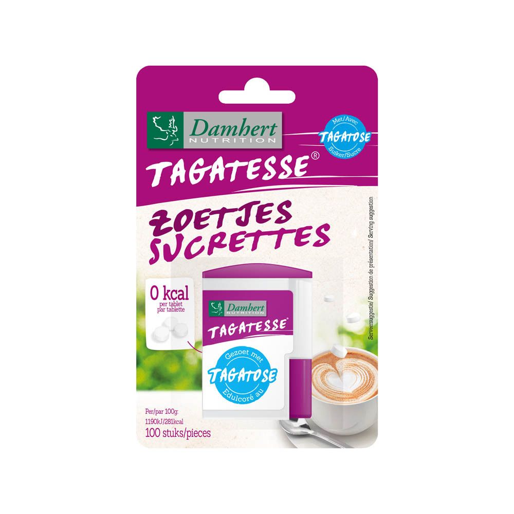 Emballage de comprimés édulcorants Damhert Tagatesse. 100 comprimés, 0 kcal par comprimé. Inscriptions en néerlandais et français.
