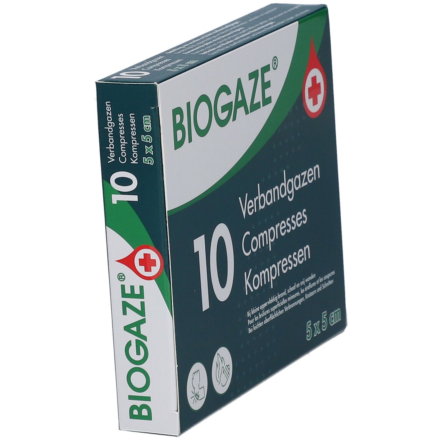 BIOGAZE® verbandgaas kompressen, 10 stuks. 5 x 5 cm. Schuine weergave van de verpakking met logo.