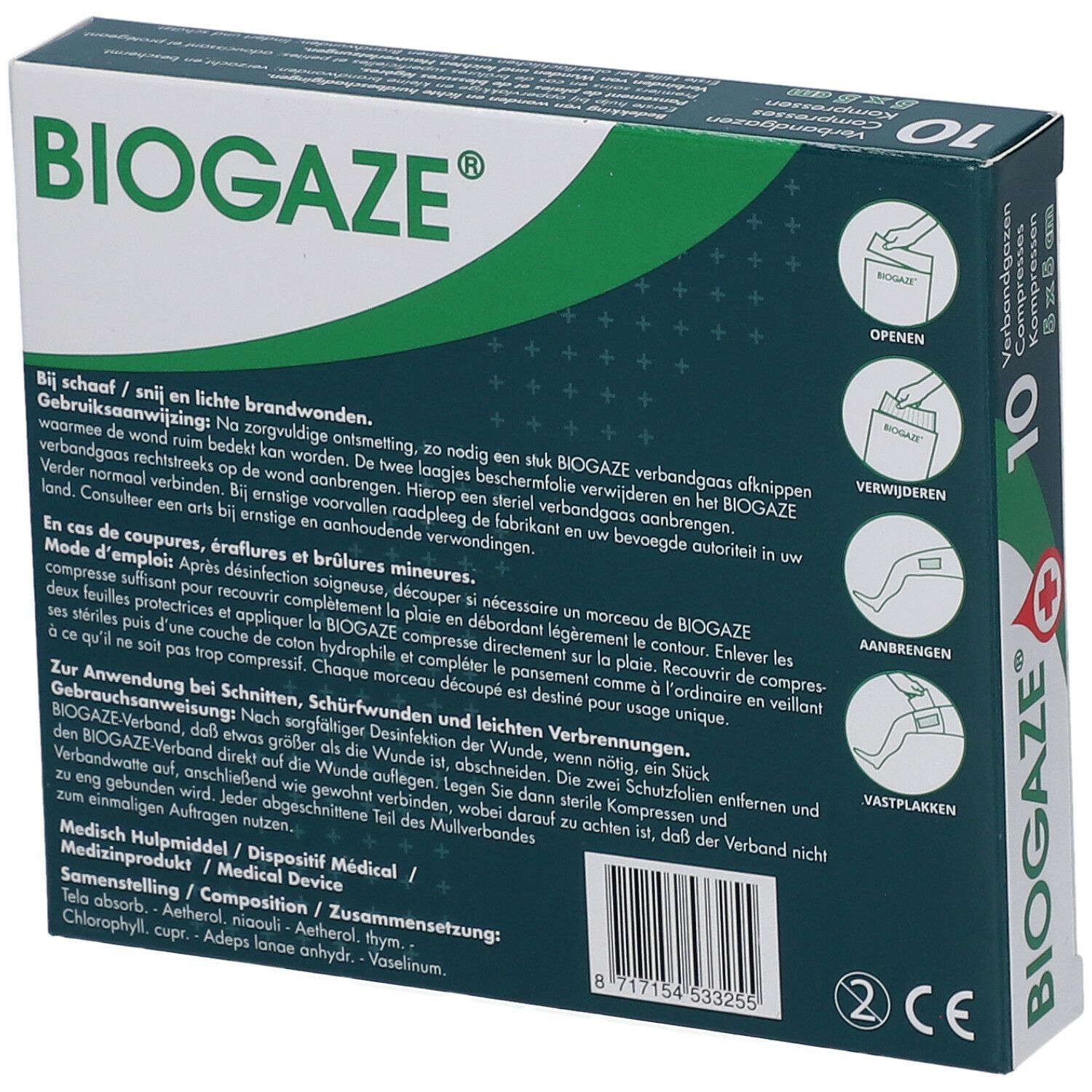 Achterkant van de BIOGAZE® verbandgaas kompressen verpakking. Productinfo, gebruiksaanwijzing, ingrediënten en certificering.