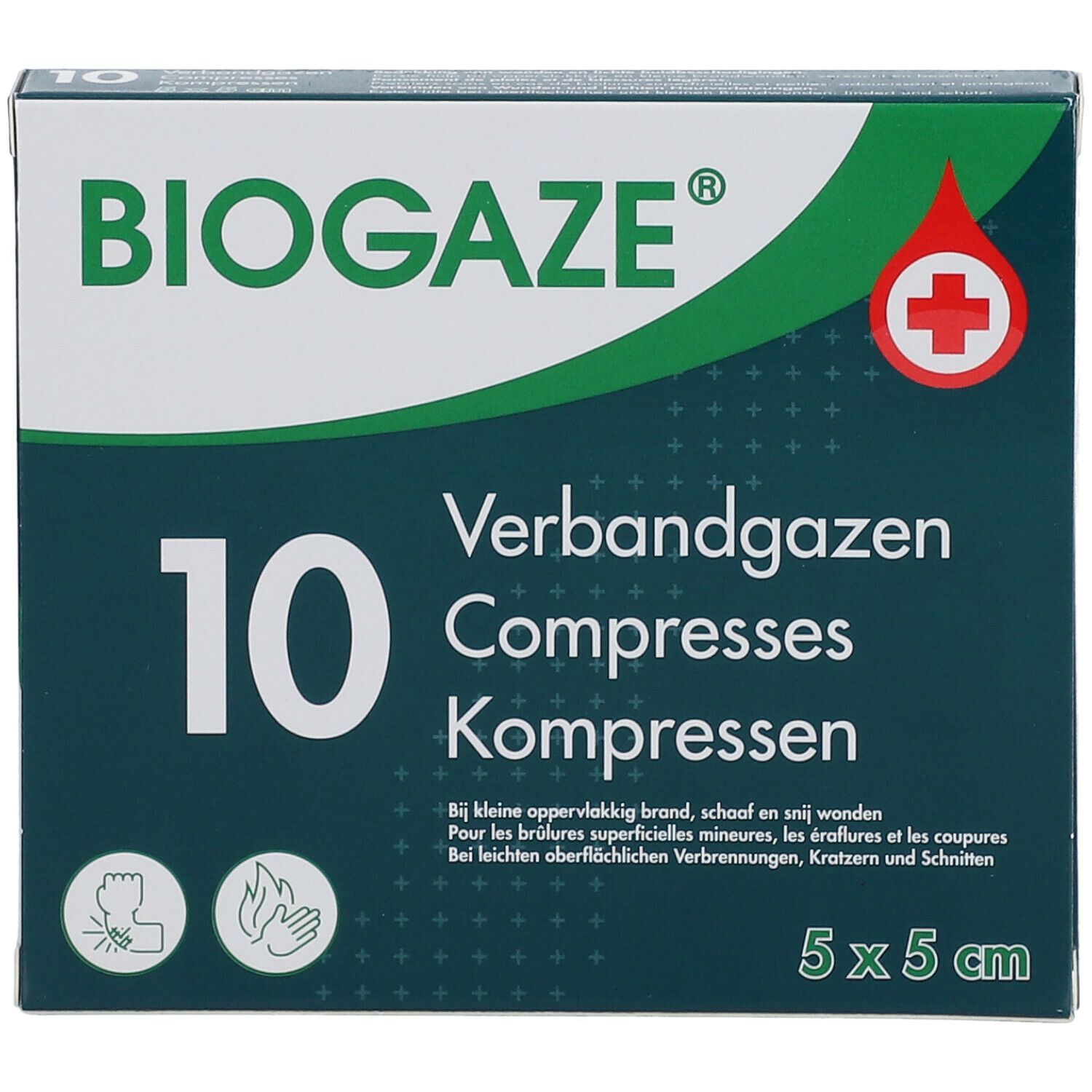 Verpakking BIOGAZE® verbandgaas kompressen, 10 stuks. 5 x 5 cm. Logo, rood kruis en productinfo.