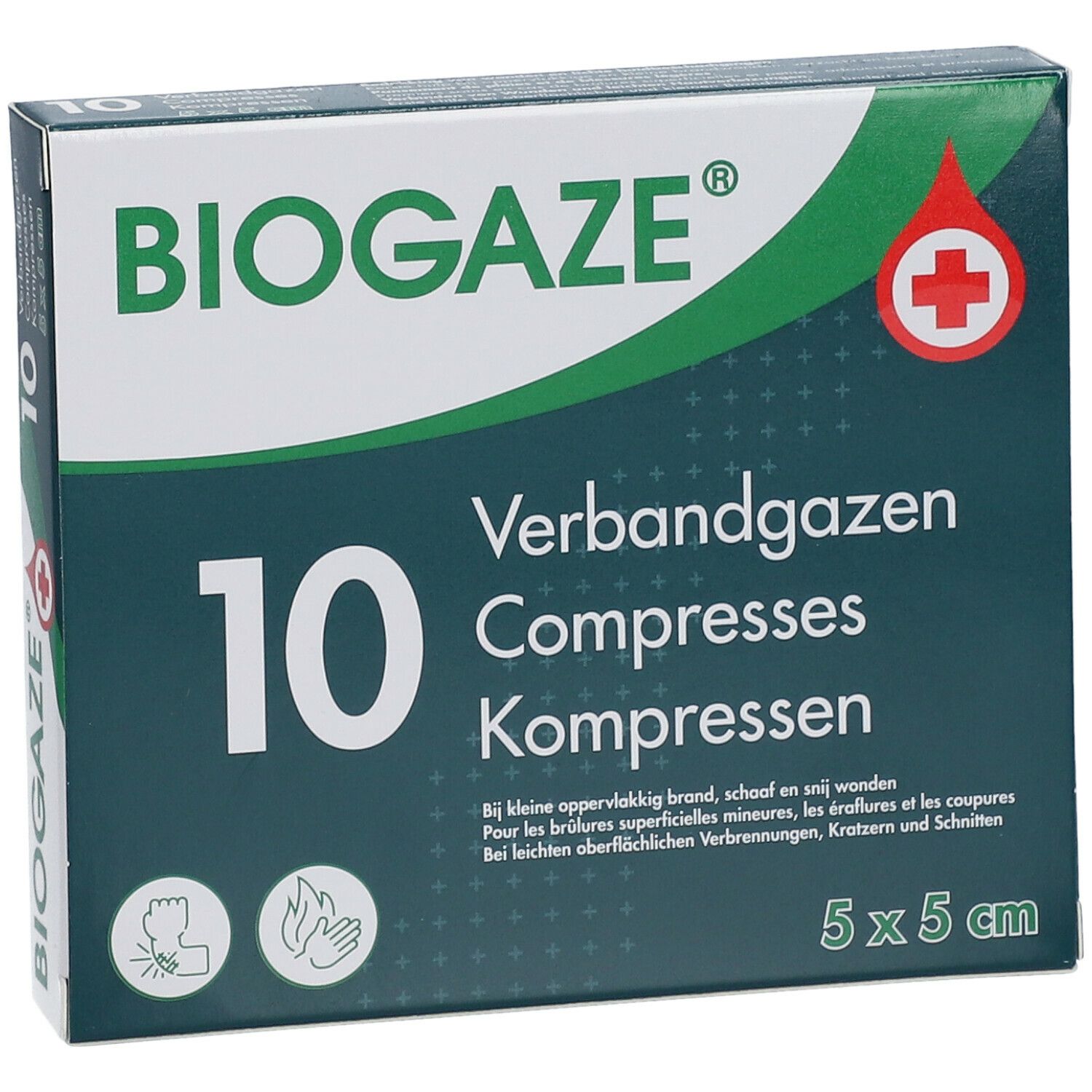 Verpakking BIOGAZE® verbandgaas kompressen, 10 stuks. 5 x 5 cm. Logo, rood kruis en productinfo.