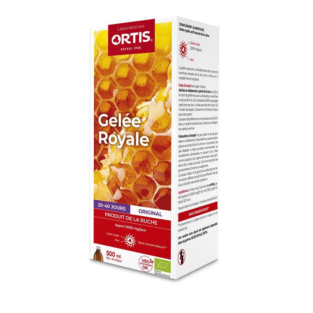 Boîte Ortis® Gelée Royale. Face avant avec nom du produit et illustration en nid d'abeilles. Contient du texte et un logo.