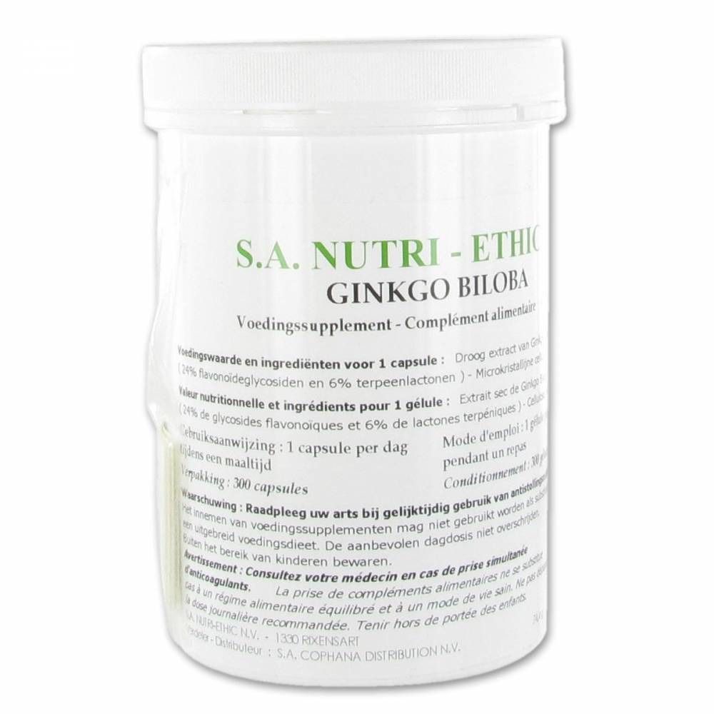 Witte pot met GINKGO BILOBA supplement. Meertalige tekst zichtbaar.