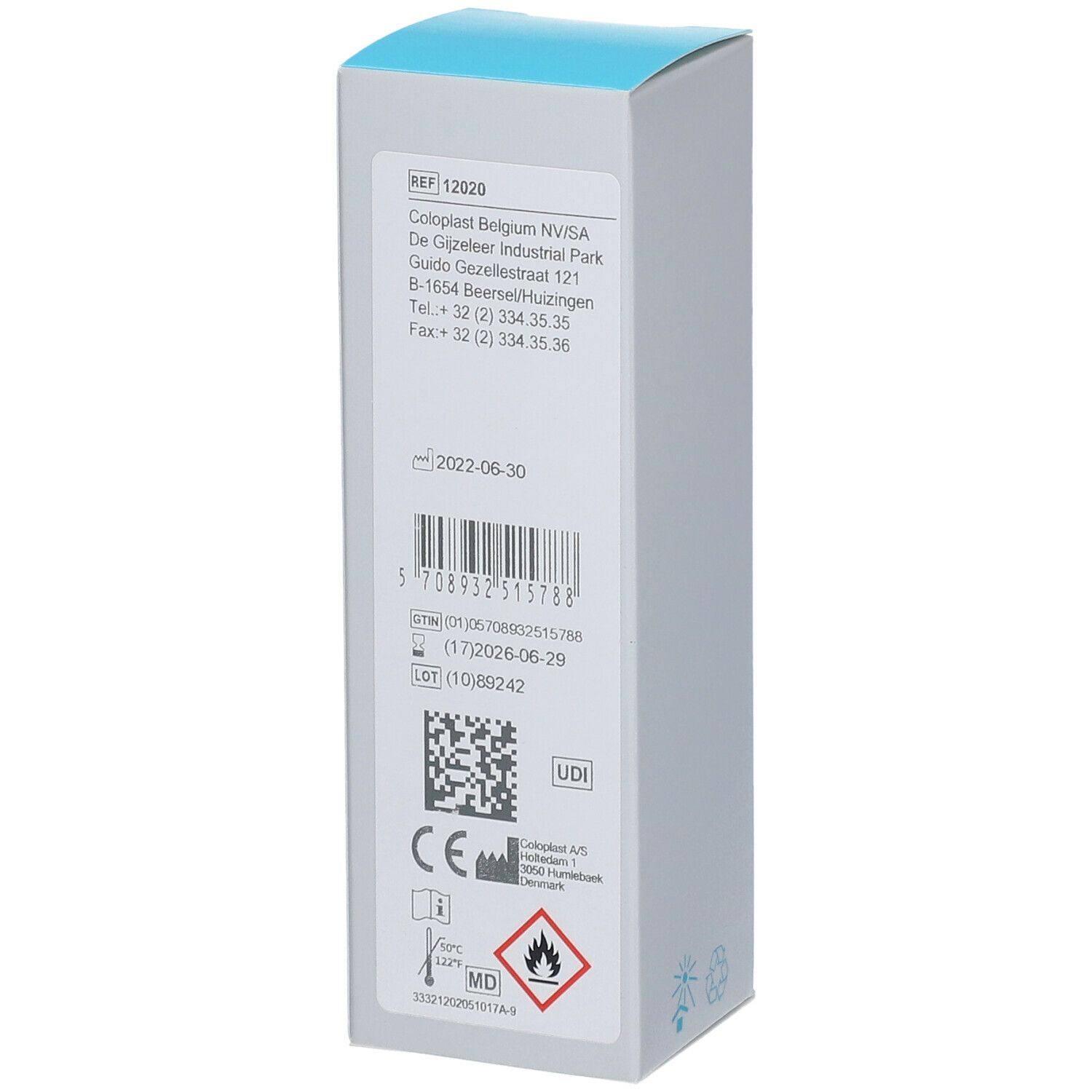 Brava Skin Barrier Spray. Dos de la boîte. Informations d'adresse, code-barres, marquage CE.
