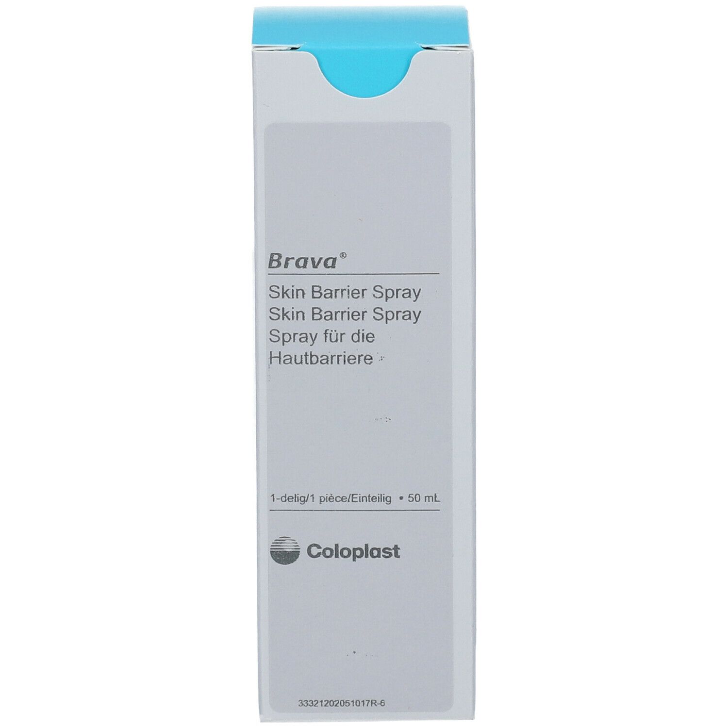 Brava Skin Barrier Spray. Boîte avec couvercle bleu. Logo Coloplast. 50 ml.