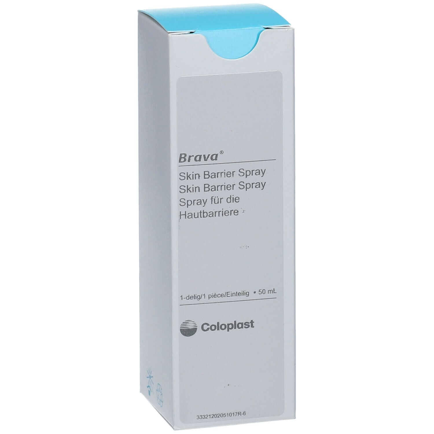 Brava Skin Barrier Spray. Boîte avec couvercle bleu. Logo Coloplast. 50 ml.