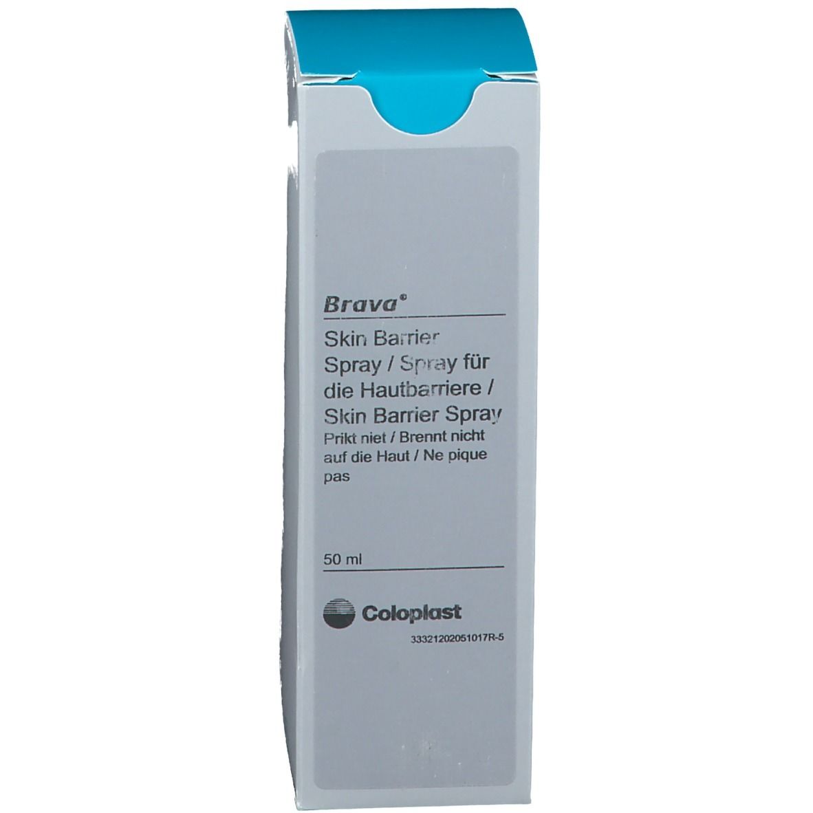Brava Skin Barrier Spray. Boîte avec couvercle bleu. Logo Coloplast. 50 ml.