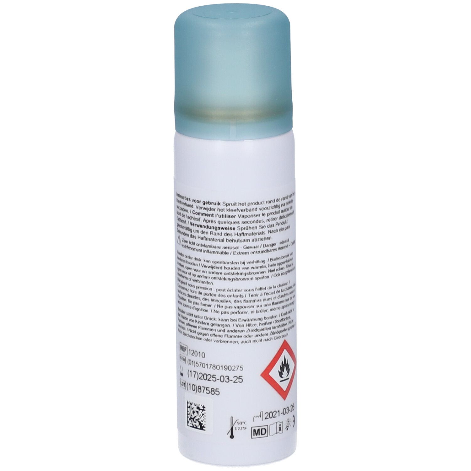 Brava Adhesive Remover Spray. Witte fles, zijaanzicht. Tekst en pictogrammen. CE-markering.