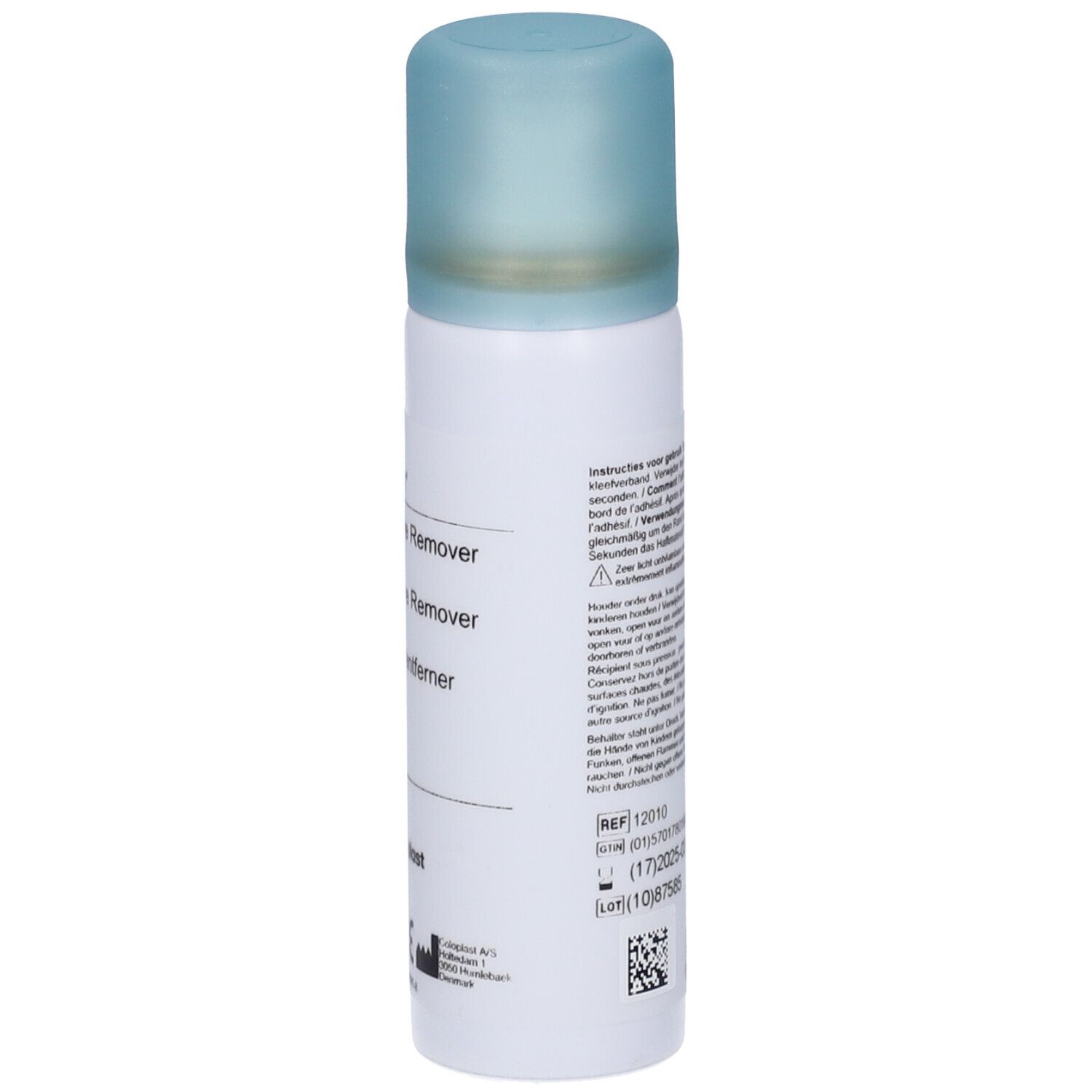 Brava Adhesive Remover Spray. Witte fles, zijaanzicht. Tekst en pictogrammen. CE-markering.