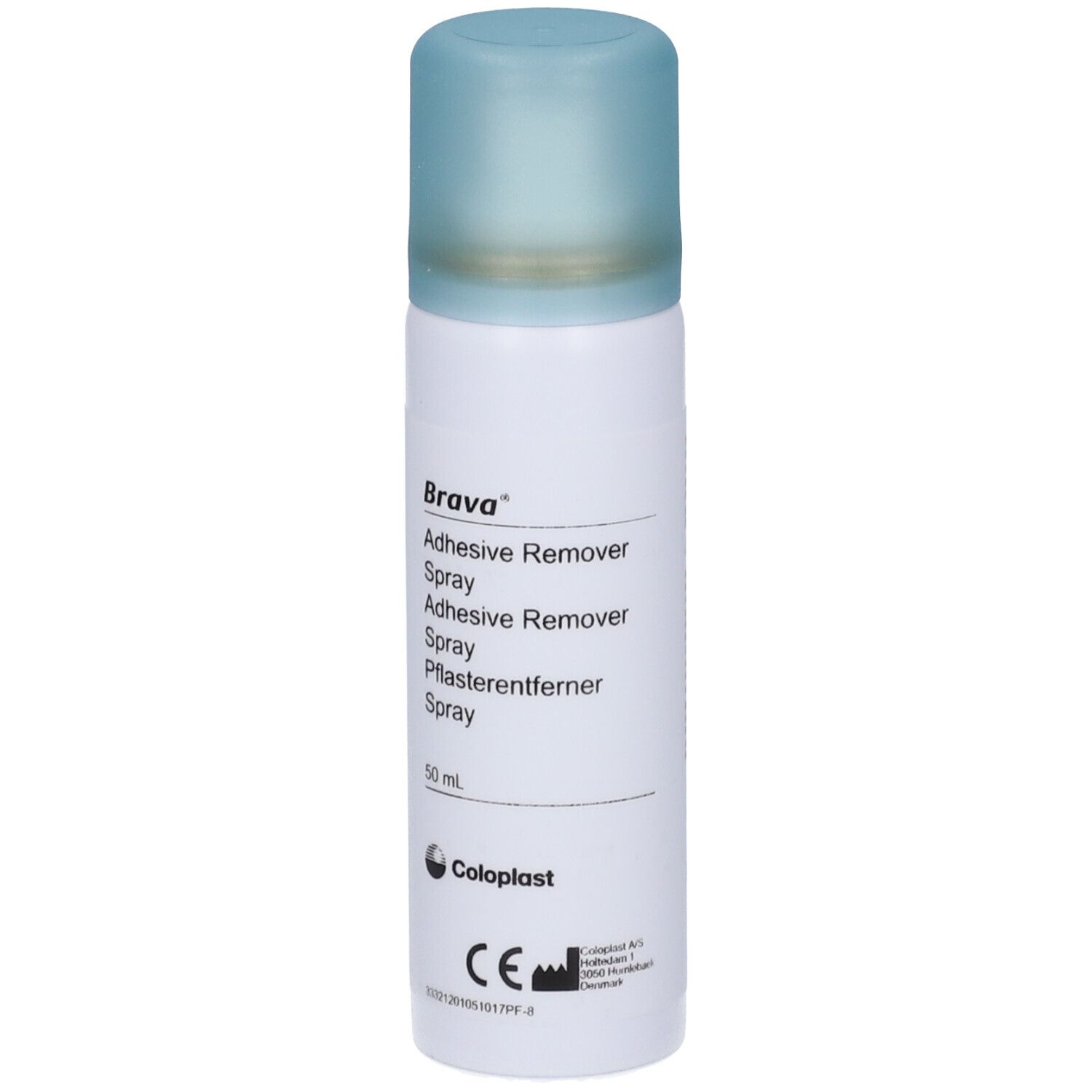 Brava Adhesive Remover Spray. Witte spuitfles met blauwe dop. Coloplast logo en CE-markering.