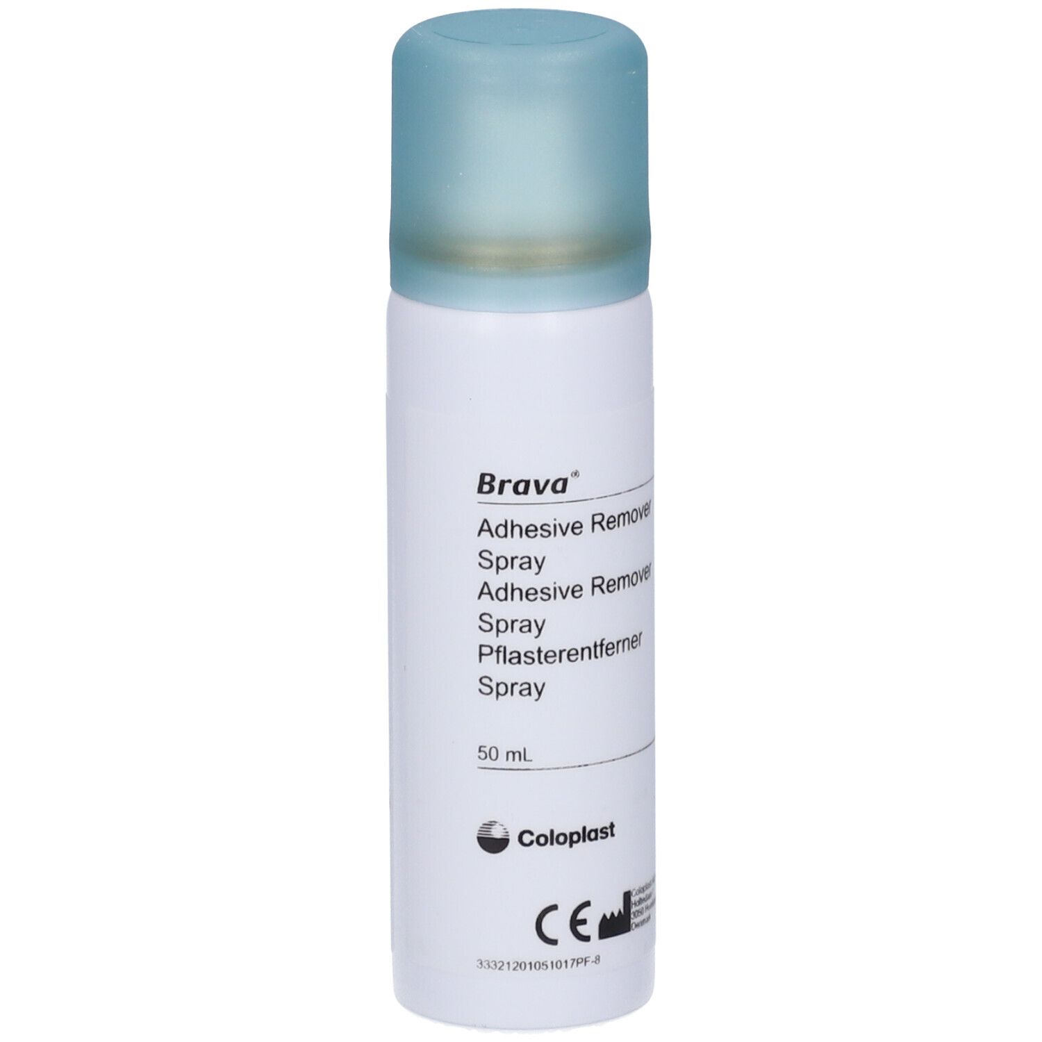 Brava Adhesive Remover Spray. Witte spuitfles met blauwe dop. Coloplast logo en CE-markering.