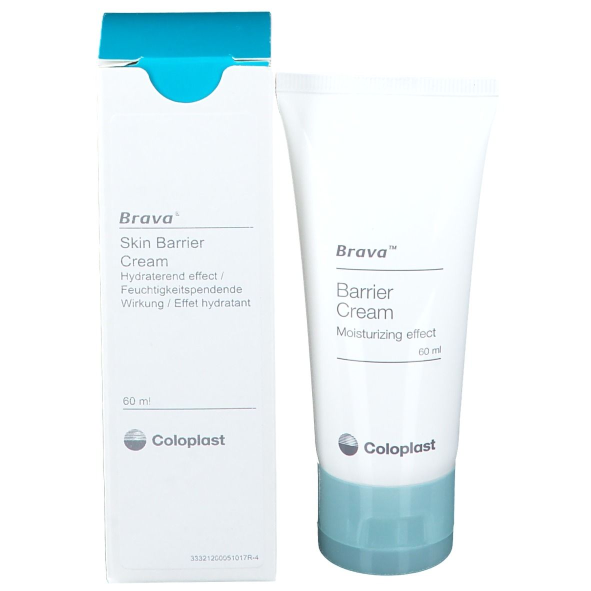 Produktverpackung mit Tube und Karton. Tube: Brava Barrier Cream, 60 ml. Karton: Brava Skin Barrier Cream, Coloplast.