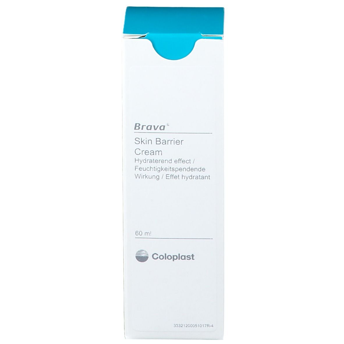 Karton mit Produktinformationen. Aufschrift: Brava Skin Barrier Cream, 60 ml, Coloplast Logo.