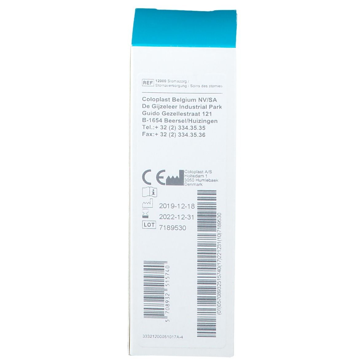 Rückseite der Verpackung. Text und Logos. Adressinformationen und Chargennummer.
