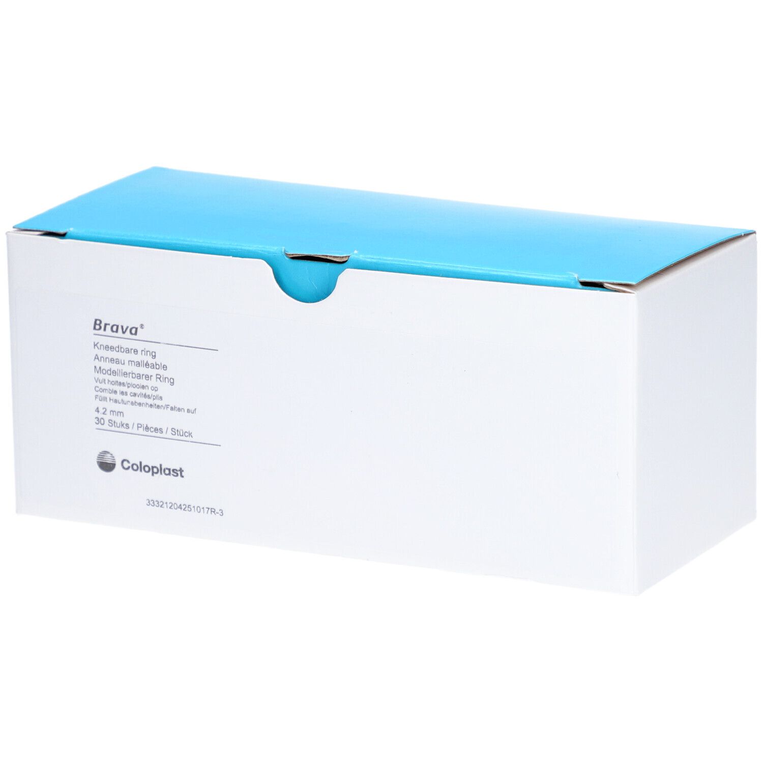 Boîte blanche avec couvercle bleu. Inscriptions "Brava" et informations produit. Logo Coloplast.