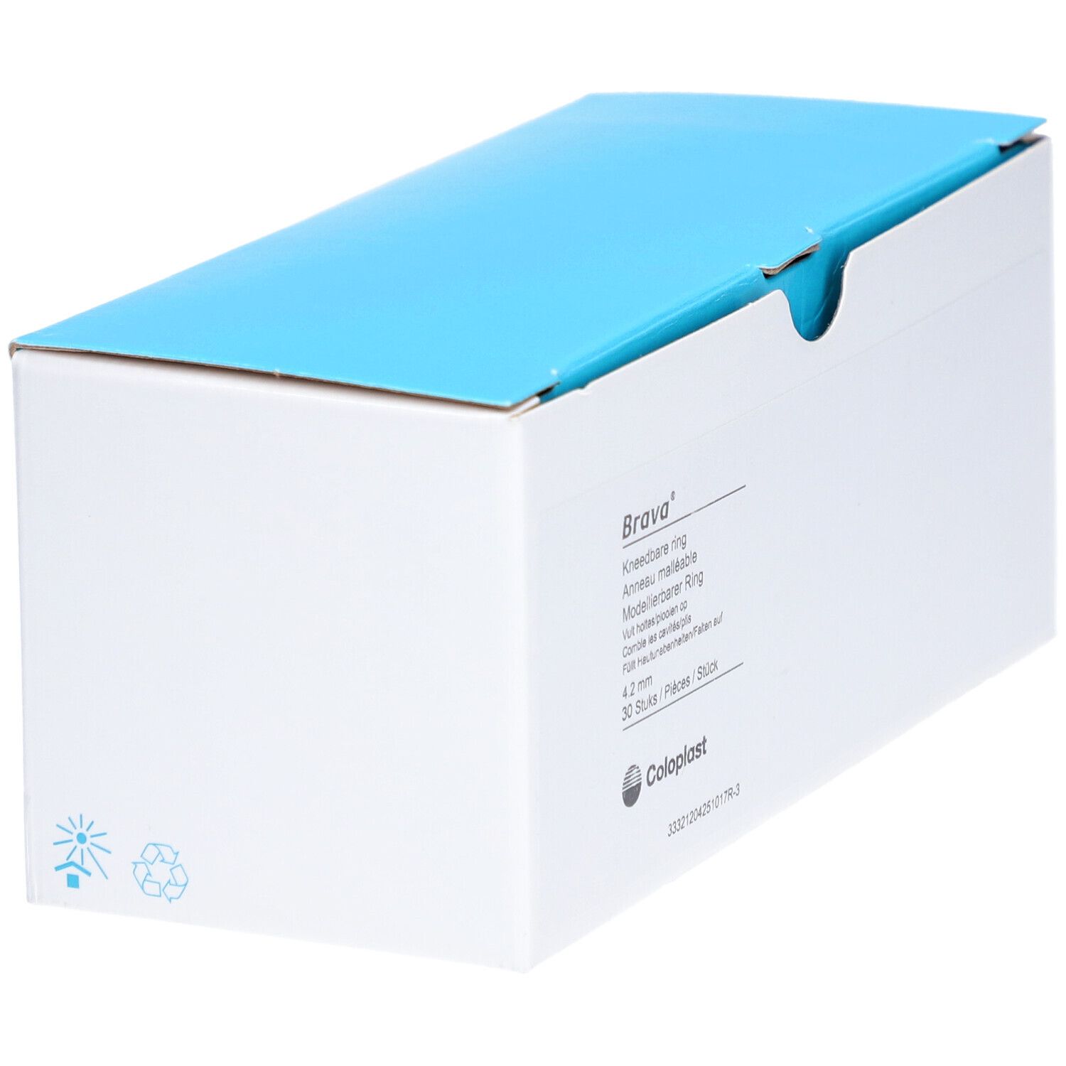 Boîte blanche avec couvercle bleu. Inscriptions "Brava" et informations produit. Logo Coloplast.