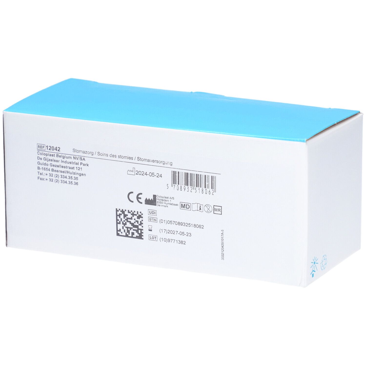 Boîte blanche avec couvercle bleu. Informations produit, code-barres, marquage CE et code QR.