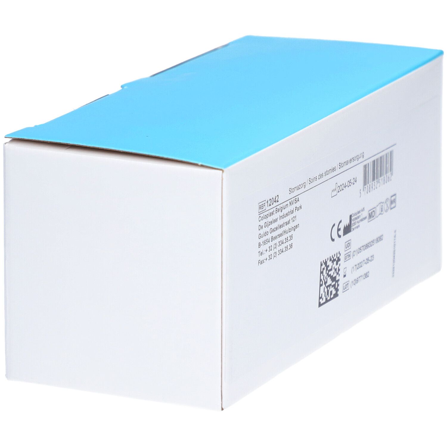 Boîte blanche avec couvercle bleu. Informations produit, code-barres, marquage CE et code QR.
