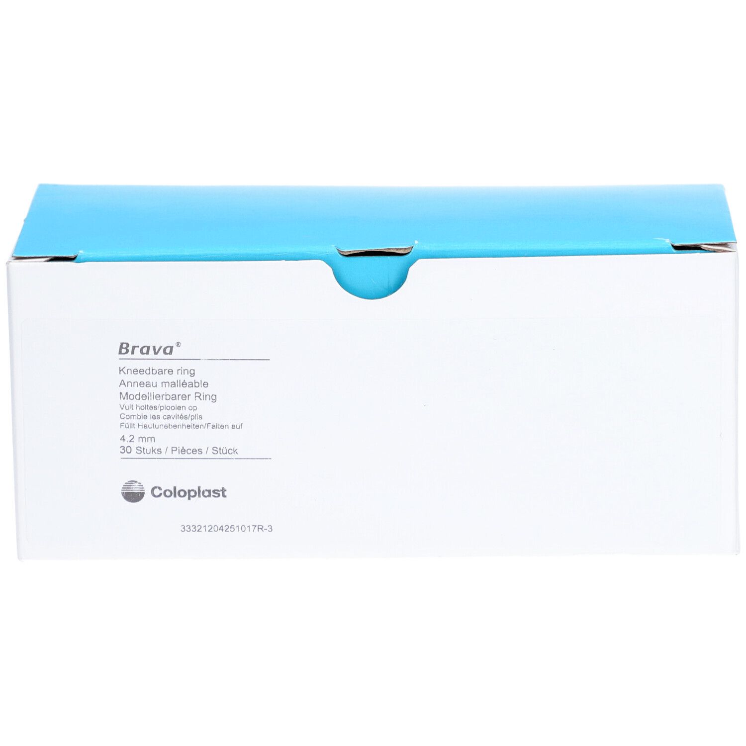 Boîte blanche avec couvercle bleu. Inscriptions "Brava" et informations produit. Logo Coloplast.