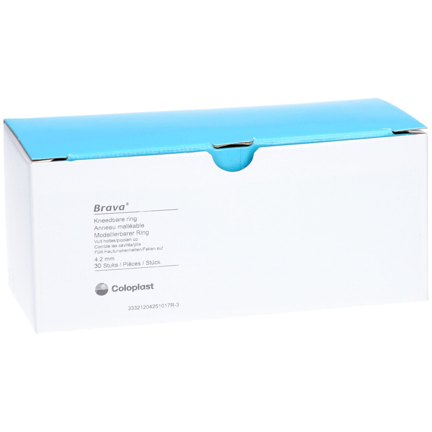 Boîte blanche avec couvercle bleu. Inscriptions "Brava" et informations produit. Logo Coloplast.