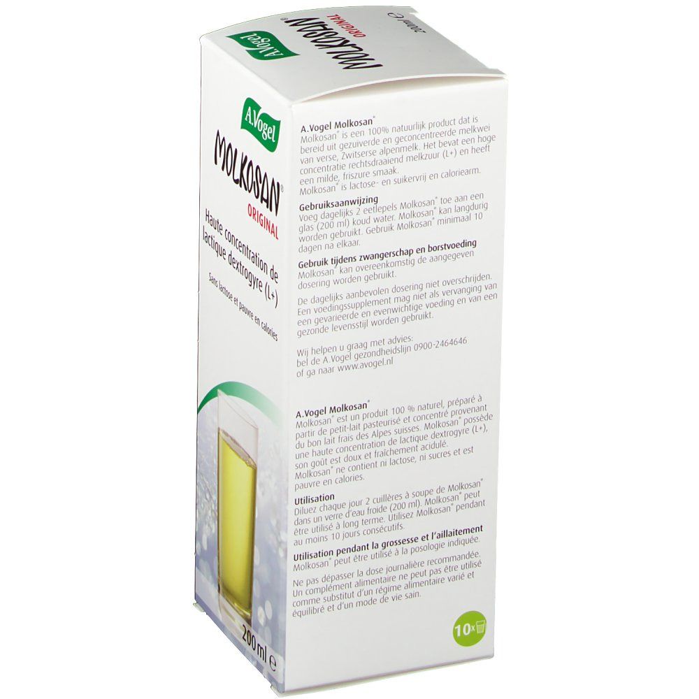 Rückseite der A. Vogel Molkosan Original-Verpackung. Text in mehreren Sprachen. 200 ml.