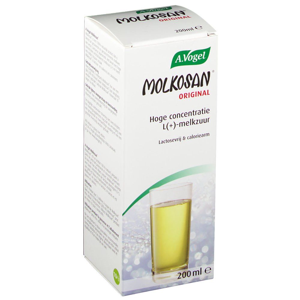 A. Vogel Molkosan Original-Verpackung. Weißer Karton mit Produktnamen und Glas-Abbildung. 200 ml.
