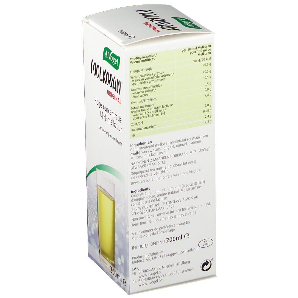 Rückseite der A. Vogel Molkosan Original-Verpackung. Nährwertangaben und Inhaltsstoffe. 200 ml.