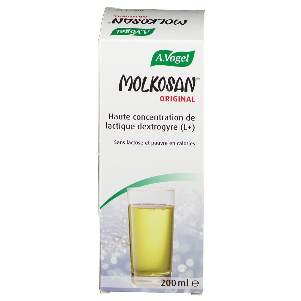 A. Vogel Molkosan Original-Verpackung. Weißer Karton mit Produktnamen und Glas-Abbildung. 200 ml.