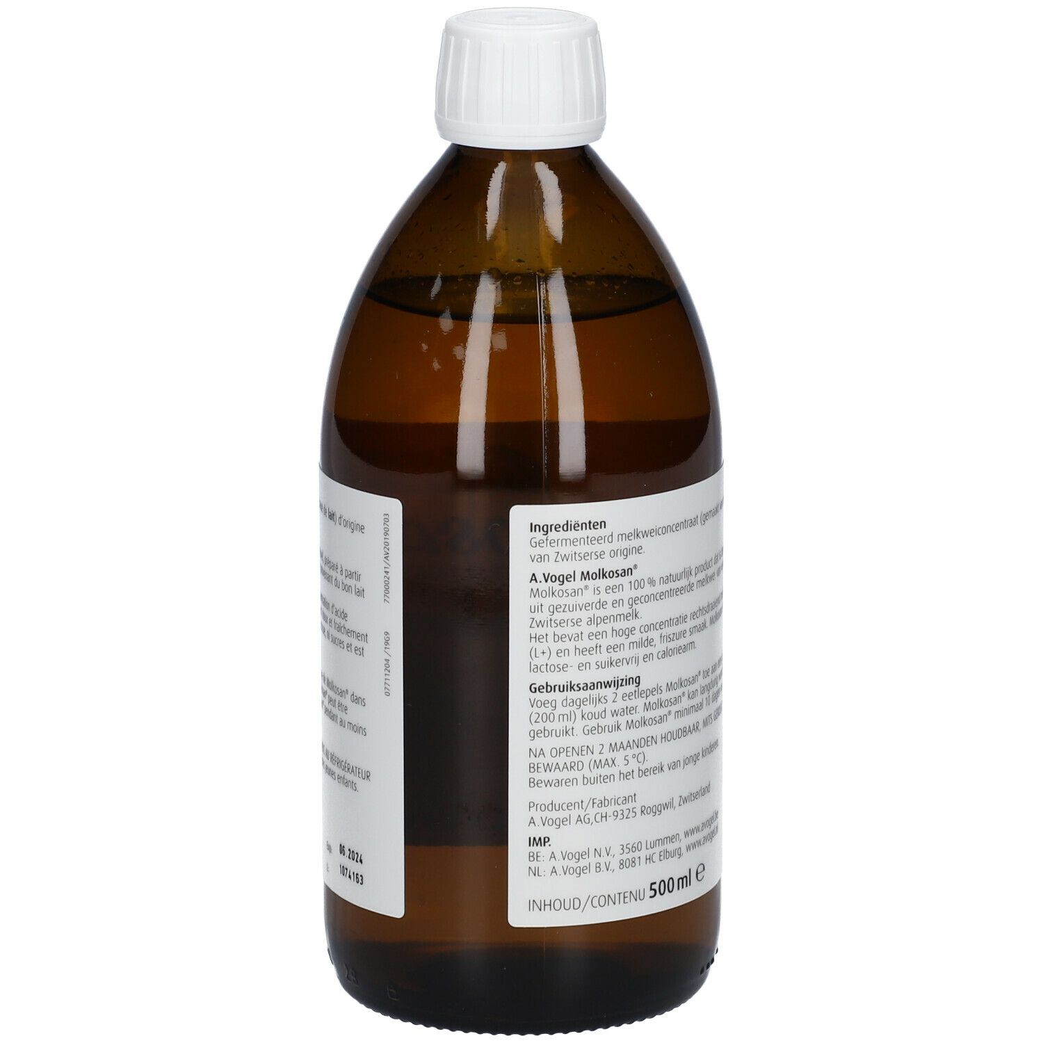 Bouteille en verre brun avec bouchon blanc. Étiquette avec texte. 500 ml. Inscription: Molkosan Original. Dos.