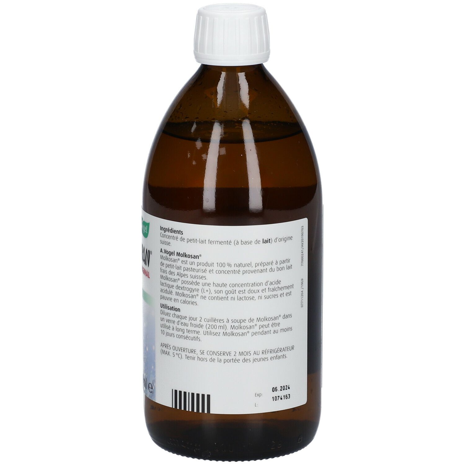 Bouteille en verre brun avec bouchon blanc. Étiquette avec texte. 500 ml. Inscription: Molkosan Original. Dos.
