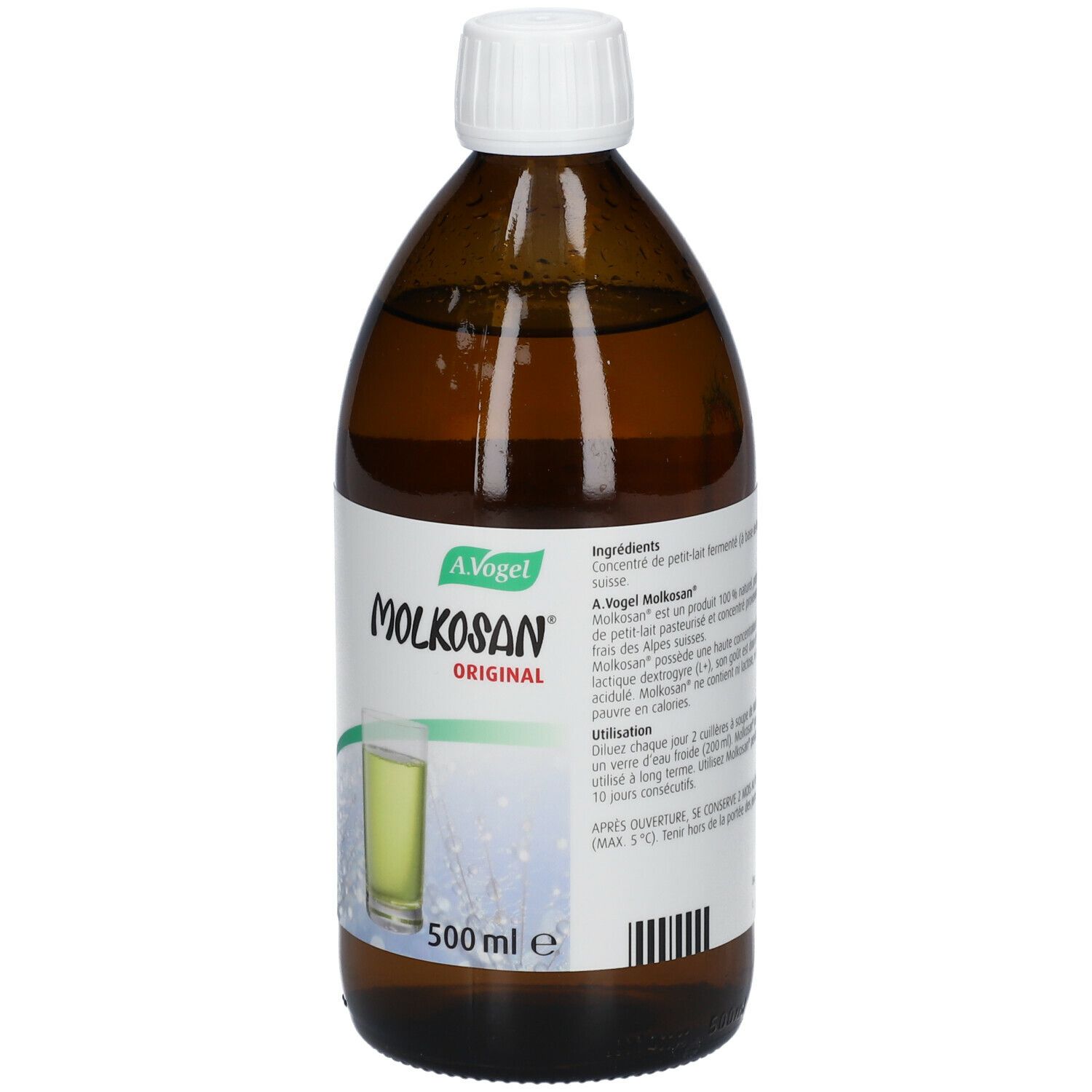Bouteille en verre brun avec bouchon blanc. Inscription: Molkosan Original. Illustration d'une boisson. 500 ml.
